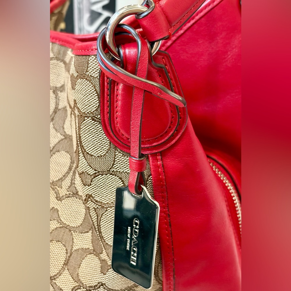 EUC! COACH SIGNATURE CANVAS SHOULDER BAG WITH RED LEATHER TRIM
NO CALLOUTS - Picture 7 of 16